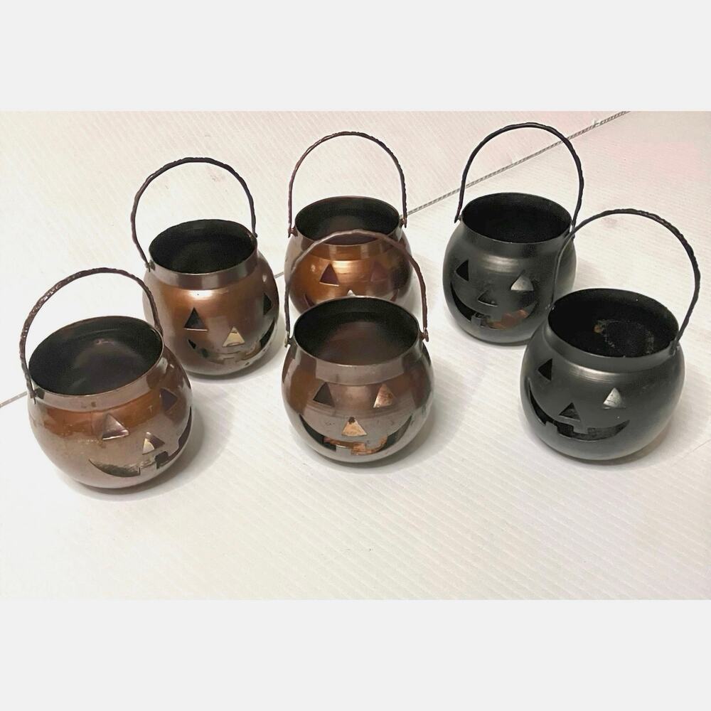 Vintage Hosley USA Halloween Jack O Lantern Pumpkin Tea Light Holder Set Of 6
